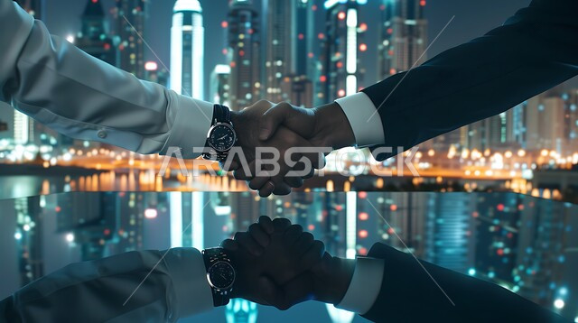 الشراكة في الأعمال والمشاريع الهندسية، صداقات وتعارف وبناء علاقات اجتماعية، عقد صفقات عمل جديدة ناجحة بين رجال الأعمال، صورة مقربة لايدي رجلان سعوديان يقومان بمصافحة بعضهما، توسيع مجالات العمل