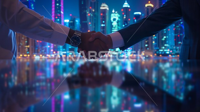 الشراكة في الأعمال والمشاريع الهندسية، صداقات وتعارف وبناء علاقات اجتماعية، عقد صفقات عمل جديدة ناجحة بين رجال الأعمال، صورة مقربة لايدي رجلان سعوديان يقومان بمصافحة بعضهما، توسيع مجالات العمل