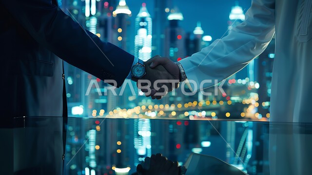 الشراكة في الأعمال والمشاريع الهندسية، صداقات وتعارف وبناء علاقات اجتماعية، عقد صفقات عمل جديدة ناجحة بين رجال الأعمال، صورة مقربة لايدي رجلان سعوديان يقومان بمصافحة بعضهما، توسيع مجالات العمل