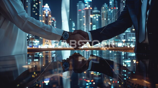الشراكة في الأعمال والمشاريع الهندسية، صداقات وتعارف وبناء علاقات اجتماعية، عقد صفقات عمل جديدة ناجحة بين رجال الأعمال، صورة مقربة لايدي رجلان سعوديان يقومان بمصافحة بعضهما، توسيع مجالات العمل