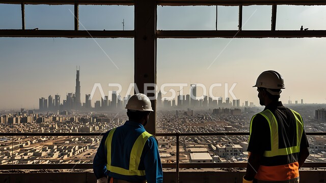 تقدم وتطور المباني السعوديه على يد مهندسين سعوديين, خلفية الأبراج وناطحات السحاب في المملكة العربية السعودية, مفهوم الإنشاءات و الهندسة المعمارية, صورة مقربة من الخلف لمهندسين عربيين خليجيين سعوديين يرتدون سترة العمل وخوذة الحماية
