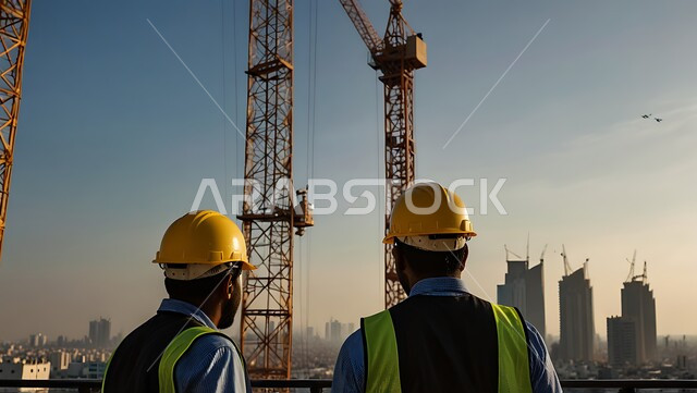Progress and development of Saudi buildings by Saudi engineers, background of towers and skyscrapers in Saudi Arabia, concept of construction and architecture, close-up from the back of Saudi Arabian Gulf engineers wearing work jacket and protective helmet