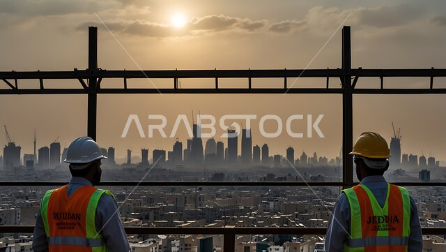 تقدم وتطور المباني السعوديه على يد مهندسين سعوديين, خلفية الأبراج وناطحات السحاب في المملكة العربية السعودية, مفهوم الإنشاءات و الهندسة المعمارية, صورة مقربة من الخلف لمهندسين عربيين خليجيين سعوديين يرتدون سترة العمل وخوذة الحماية
