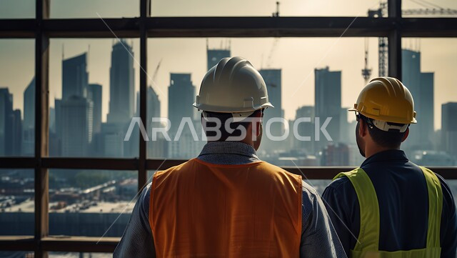 تقدم وتطور المباني السعوديه على يد مهندسين سعوديين, خلفية الأبراج وناطحات السحاب في المملكة العربية السعودية, مفهوم الإنشاءات و الهندسة المعمارية, صورة مقربة من الخلف لمهندسين عربيين خليجيين سعوديين يرتدون سترة العمل وخوذة الحماية