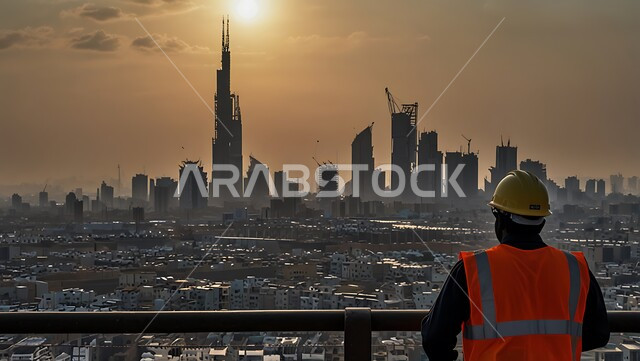Construction and architecture concept, progress and development of Saudi buildings by Saudi engineers, background of towers and skyscrapers in Saudi Arabia, close-up from the back of a Saudi Arabian Gulf engineer wearing a work jacket and a protective helmet