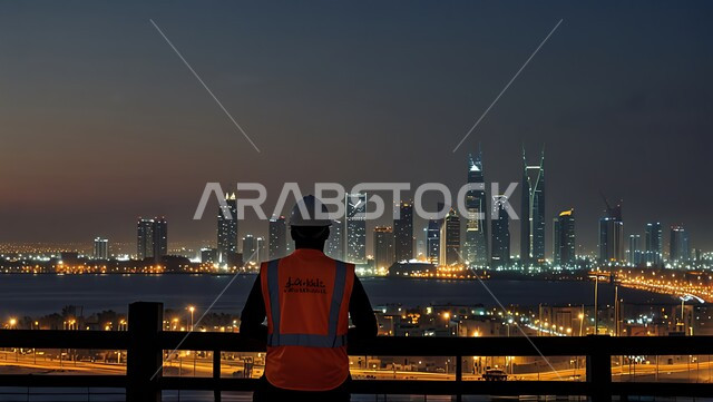  مفهوم الإنشاءات و الهندسة المعمارية, تقدم وتطور المباني السعوديه على يد مهندسين سعوديين, خلفية الأبراج وناطحات السحاب في المملكة العربية السعودية, صورة مقربة من الخلف لمهندس عربي خليجي سعودي يرتدي سترة العمل وخوذة الحماية