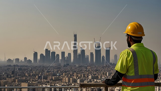 Construction and architecture concept, progress and development of Saudi buildings by Saudi engineers, background of towers and skyscrapers in Saudi Arabia, close-up from the back of a Saudi Arabian Gulf engineer wearing a work jacket and a protective helmet