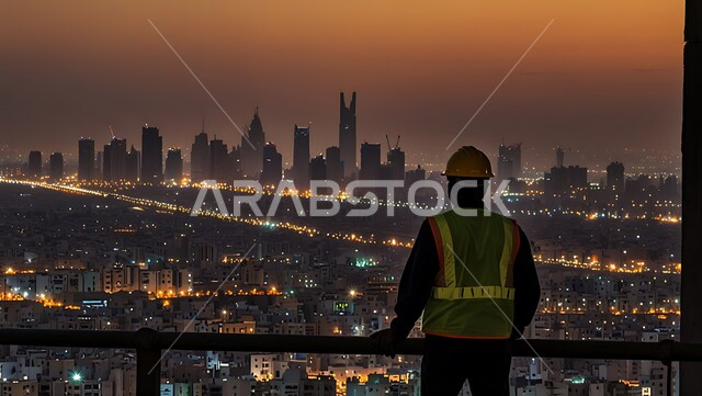 Construction and architecture concept, progress and development of Saudi buildings by Saudi engineers, background of towers and skyscrapers in Saudi Arabia, close-up from the back of a Saudi Arabian Gulf engineer wearing a work jacket and a protective helmet