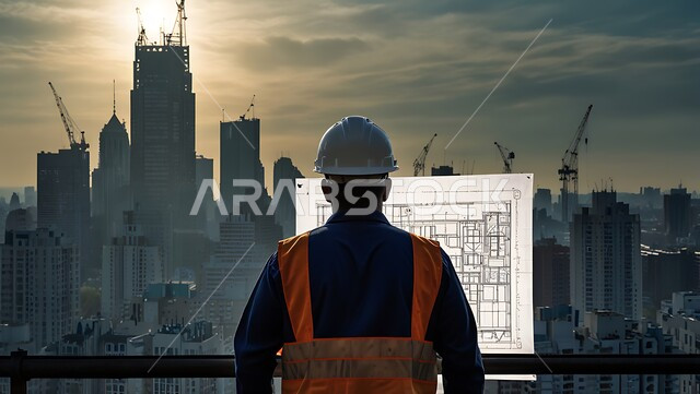 Construction and architecture concept, progress and development of Saudi buildings by Saudi engineers, background of towers and skyscrapers in Saudi Arabia, close-up from the back of a Saudi Arabian Gulf engineer wearing a work jacket and a protective helmet
