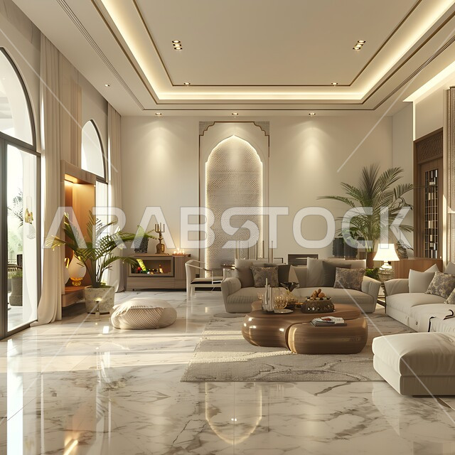 التصاميم الأنيقة لغرف الجلوس المريحة على الطراز الكلاسيكي، غرفة معيشة مع أثاث منزلي فاخر بالألوان الراقية، الديكورات الداخلية الراقية للفلل والشقق السكنية في المملكة العربية السعودية، اكسسوارات وتحف عصرية