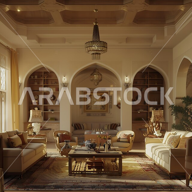 التصاميم الأنيقة لغرف الجلوس المريحة على الطراز الكلاسيكي، غرفة معيشة مع أثاث منزلي فاخر بالألوان الراقية، الديكورات الداخلية الراقية للفلل والشقق السكنية في المملكة العربية السعودية، اكسسوارات وتحف عصرية