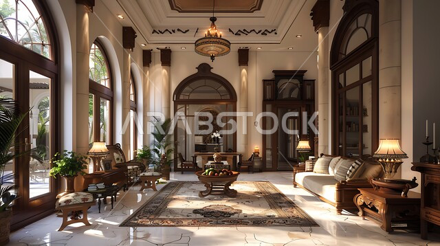 التصاميم الأنيقة لغرف الجلوس المريحة على الطراز الكلاسيكي، غرفة معيشة مع أثاث منزلي فاخر بالألوان الراقية، الديكورات الداخلية الراقية للفلل والشقق السكنية في المملكة العربية السعودية، اكسسوارات وتحف عصرية