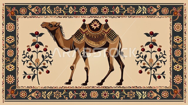 نقوش السدو مع مع الجمل العربي، الاهتمام بالتطريز في المملكة السعودية، الفن التراثي الحرفي التقليدي، تصاميم بأشكال هندسية للزخرفة العربيه الاصيله الملونة, التراث السعودي الشعبي