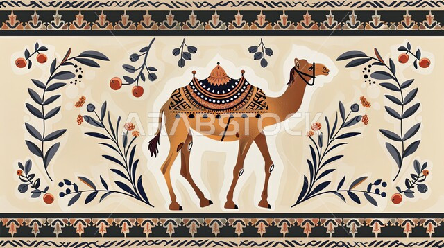 نقوش السدو مع مع الجمل العربي، الاهتمام بالتطريز في المملكة السعودية، الفن التراثي الحرفي التقليدي، تصاميم بأشكال هندسية للزخرفة العربيه الاصيله الملونة, التراث السعودي الشعبي