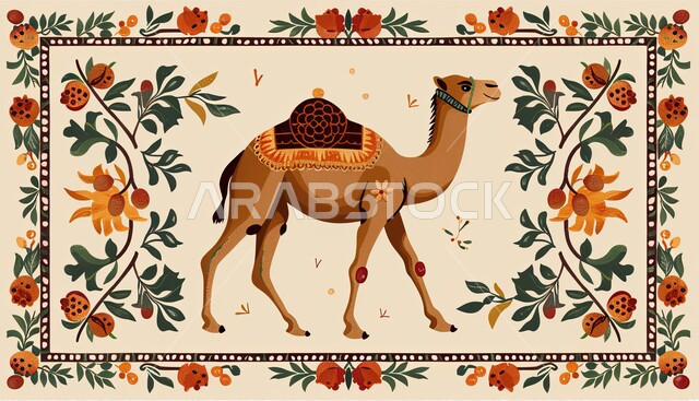 نقوش السدو مع مع الجمل العربي، الاهتمام بالتطريز في المملكة السعودية، الفن التراثي الحرفي التقليدي، تصاميم بأشكال هندسية للزخرفة العربيه الاصيله الملونة, التراث السعودي الشعبي