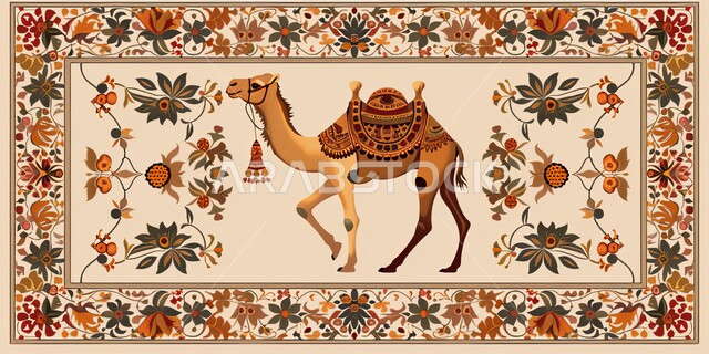 نقوش السدو مع مع الجمل العربي، الاهتمام بالتطريز في المملكة السعودية، الفن التراثي الحرفي التقليدي، تصاميم بأشكال هندسية للزخرفة العربيه الاصيله الملونة, التراث السعودي الشعبي