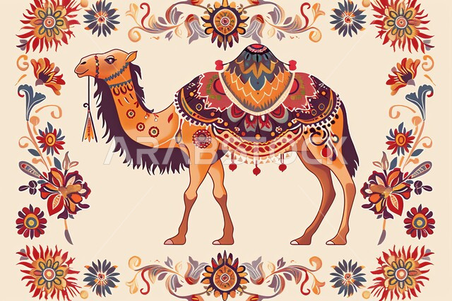 نقوش السدو مع مع الجمل العربي، الاهتمام بالتطريز في المملكة السعودية، الفن التراثي الحرفي التقليدي، تصاميم بأشكال هندسية للزخرفة العربيه الاصيله الملونة, التراث السعودي الشعبي