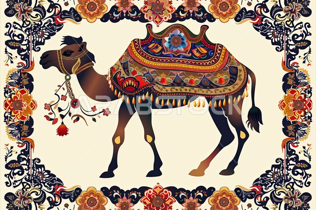 نقوش السدو مع مع الجمل العربي، الاهتمام بالتطريز في المملكة السعودية، الفن التراثي الحرفي التقليدي، تصاميم بأشكال هندسية للزخرفة العربيه الاصيله الملونة, التراث السعودي الشعبي