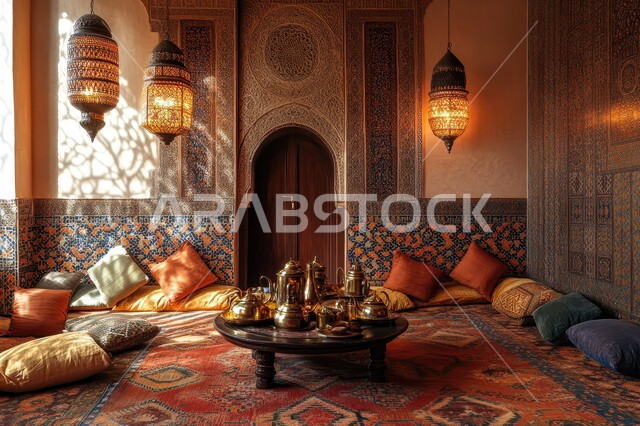 غرفة جلوس على الطراز العربي التقليدي، الاكسسوارات والتحف بتصاميم وديكورات شعبية، أثاث منزلي وووسائد مريحة، الفن الهندسي المعماري التراثي الشعبي