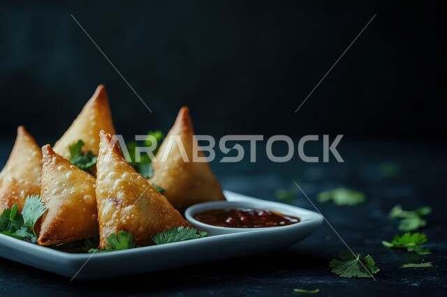 وصفات المأكولات والأطعمة الشرقية، صورة طبق من السمبوسك المقرمشة، مقبلات رمضانية شهية، فطائر مقلية متنوعة الحشوات، أطباق رئيسية في سفرة إفطار شهر رمضان المبارك