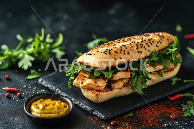 Eastern Arab restaurants in the Kingdom of Saudi Arabia, recipes for meat and chicken served with vegetables and special sauces, delicious fast food meals, chicken pieces sandwich with delicious sauce with rich flavors and spices, foods and items saturated with fats.