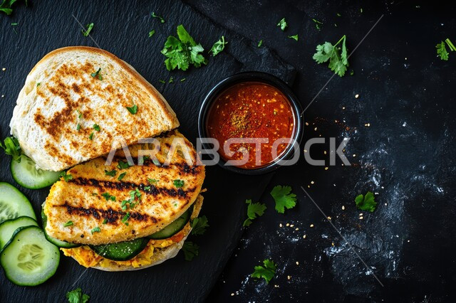 المطاعم العربية الشرقية في المملكة العربية السعودية، وصفات اللحومات والدجاج المقدمة مع الخضراوات والصلصات المميزة, وجبات الطعام السريعة الشهية، ساندوتش قطع الدجاج مع الصوص اللذيذ بنكهات وتوابل غنية، المأكولات والأصناف المشبعة بالدهون