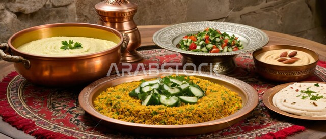 أطباق ووجبات عربية تقليدية شعبية، وصفات الأطعمة والمأكولات الشرقية، فنون تقديم الطعام في مطاعم في المملكة العربية السعودية، التوابل والمقبلات المتنوعة، طبق من أرز الكبسة المطبوخ