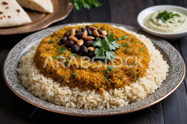 أطباق ووجبات عربية تقليدية شعبية، وصفات الأطعمة والمأكولات الشرقية، فنون تقديم الطعام في مطاعم في المملكة العربية السعودية، التوابل والمقبلات المتنوعة، طبق من أرز الكبسة المطبوخ