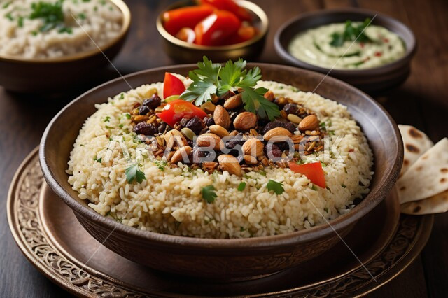 أطباق ووجبات عربية تقليدية شعبية، وصفات الأطعمة والمأكولات الشرقية، فنون تقديم الطعام في مطاعم في المملكة العربية السعودية، التوابل والمقبلات المتنوعة، طبق من أرز الكبسة المطبوخ