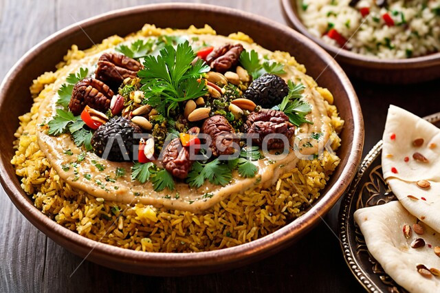 أطباق ووجبات عربية تقليدية شعبية، وصفات الأطعمة والمأكولات الشرقية، فنون تقديم الطعام في مطاعم في المملكة العربية السعودية، التوابل والمقبلات المتنوعة، طبق من أرز الكبسة المطبوخ