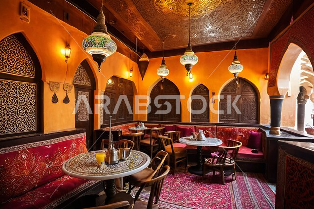 الديكورات الداخلية التقليدية لغرفة المعيشة, ديوان عربي تقليدي يضم وسائد مريحة وطاولات مزخرفة, عادات العرب القديمة الأصيلة, أدوات نحاسية بنقوش وزخارف تاريخية, الحفاظ على إرث الأجداد عبر الأجيال, شعبيات تراثية سعودية