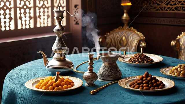 مفهوم حسن الضيافة والإستقبال، العادات والتقاليد الأصيلة في إكرام الضيف بالمملكة العربية السعودية، دلة قهوة عربية مع حلويات  موضوعة على طاولة مكتبية، مجموعة اواني نحاسية  تقليدية مرتبة، جلسات وناسة شعبية