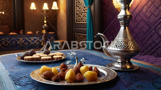 مفهوم حسن الضيافة والإستقبال، العادات والتقاليد الأصيلة في إكرام الضيف بالمملكة العربية السعودية، دلة قهوة عربية مع حلويات  موضوعة على طاولة مكتبية، مجموعة اواني نحاسية  تقليدية مرتبة، جلسات وناسة شعبية