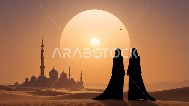 الهضاب والتلال الرملية الناعمة، الفن الهندسي المعماري لبناء المساجد، التصاميم والديكورات العصرية للقبب ووالمآذن، صورة ظلية لامرأتين عربيتين سعوديتين ترتديان عباءة سوداء تقفان في الصحراء قرب مسجد وقت غروب الشمس، العبادة والتقرب إلى الله, سالوبيت
