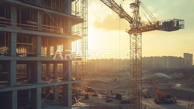 Heavy machinery and equipment, cranes and high scaffolding, concept of structural and architectural engineering, building under construction in Saudi Arabia during daytime, implementation of construction plan and forming of metal structure, construction works, pouring concrete and laying foundations, tower under construction using modern machinery