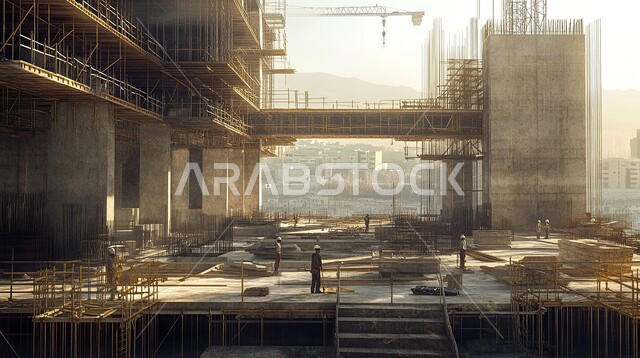 مبنى قيد الانشاء في المملكة العربية السعودية في وقت النهار, الآلات والمعدات الثقيلة والرافعات والسقالات العالية, مفهوم الهندسة الانشائية والمعمارية, تنفيذ مخطط الإعمار وتشكيل الهيكل المعدني, أعمال البناء وصب الخرسانات ووضع الأساسات, برج تحت التشييد باستخدام الآليات الحديثة