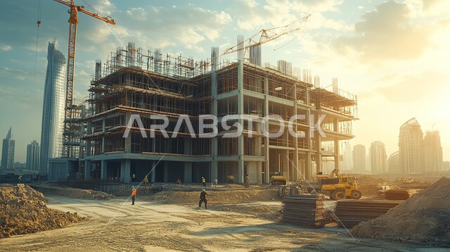 أعمال البناء وصب الخرسانات ووضع الأساسات, مبنى قيد الانشاء في المملكة العربية السعودية في وقت النهار, الآلات والمعدات الثقيلة والرافعات والسقالات العالية, مفهوم الهندسة الانشائية والمعمارية, تنفيذ مخطط الإعمار وتشكيل الهيكل المعدني, برج تحت التشييد باستخدام الآليات الحديثة