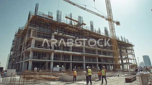 أعمال البناء وصب الخرسانات ووضع الأساسات, مبنى قيد الانشاء في المملكة العربية السعودية في وقت النهار, الآلات والمعدات الثقيلة والرافعات والسقالات العالية, مفهوم الهندسة الانشائية والمعمارية, تنفيذ مخطط الإعمار وتشكيل الهيكل المعدني, برج تحت التشييد باستخدام الآليات الحديثة