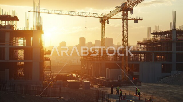 أعمال البناء وصب الخرسانات ووضع الأساسات, مبنى قيد الانشاء في المملكة العربية السعودية في وقت النهار, الآلات والمعدات الثقيلة والرافعات والسقالات العالية, مفهوم الهندسة الانشائية والمعمارية, تنفيذ مخطط الإعمار وتشكيل الهيكل المعدني, برج تحت التشييد باستخدام الآليات الحديثة