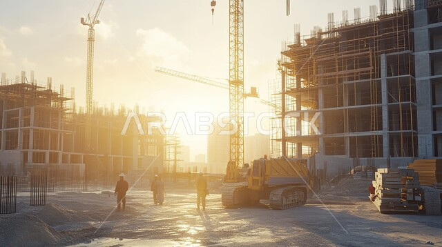 تنفيذ مخطط الإعمار وتشكيل الهيكل المعدني, أعمال البناء وصب الخرسانات ووضع الأساسات, مبنى قيد الانشاء في المملكة العربية السعودية في وقت النهار, الآلات والمعدات الثقيلة والرافعات والسقالات العالية, مفهوم الهندسة الانشائية والمعمارية, برج تحت التشييد باستخدام الآليات الحديثة