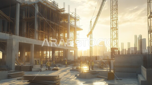 Implementation of construction plan and formation of metal structure, construction works, pouring concrete and laying foundations, building under construction in Saudi Arabia during daytime, heavy machinery and equipment, cranes and high scaffolding, concept of structural and architectural engineering, tower under construction using modern machinery