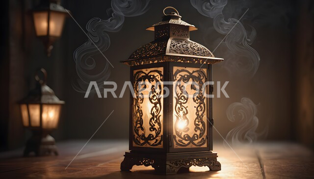 Ramadan Mubarak lighting and decorations, preparing for the arrival of the month of goodness, golden lights and decorations in the spiritual Ramadan atmosphere, illuminated decorative metal Arabic lantern, Islamic religious occasions and holidays, Islamic art for antiques and accessories