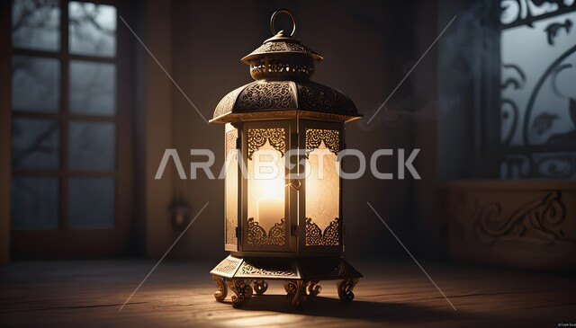 Ramadan Mubarak lighting and decorations, preparing for the arrival of the month of goodness, golden lights and decorations in the spiritual Ramadan atmosphere, illuminated decorative metal Arabic lantern, Islamic religious occasions and holidays, Islamic art for antiques and accessories