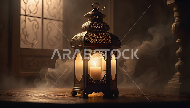 إضاءة وزينة رمضان المبارك، الاستعداد لقدوم شهر الخير، أنوار وديكورات ذهبية في الأجواء الرمضانية الروحانية, فانوس عربي معدني مزخرف مضيئ، مناسبات وأعياد دينية اسلامية, الفن الاسلامي للتحف والاكسسوارات