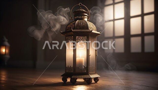 إضاءة وزينة رمضان المبارك، الاستعداد لقدوم شهر الخير، أنوار وديكورات ذهبية في الأجواء الرمضانية الروحانية, فانوس عربي معدني مزخرف مضيئ، مناسبات وأعياد دينية اسلامية, الفن الاسلامي للتحف والاكسسوارات