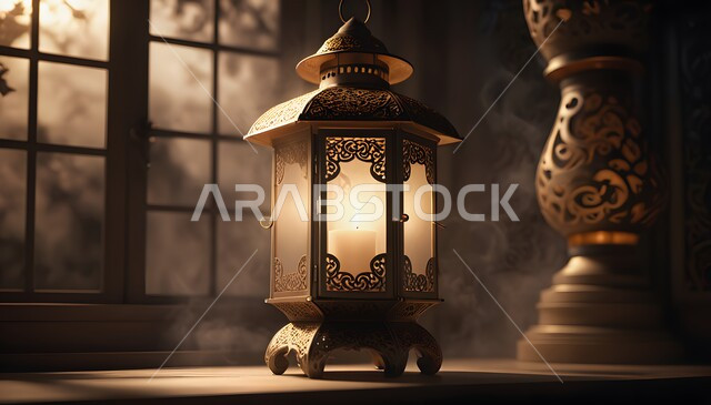 إضاءة وزينة رمضان المبارك، الاستعداد لقدوم شهر الخير، أنوار وديكورات ذهبية في الأجواء الرمضانية الروحانية, فانوس عربي معدني مزخرف مضيئ، مناسبات وأعياد دينية اسلامية, الفن الاسلامي للتحف والاكسسوارات