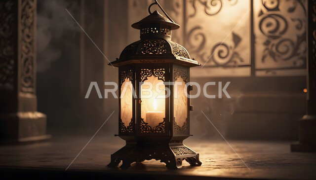 الاستعداد لقدوم شهر الخير، إضاءة وزينة رمضان المبارك، أنوار وديكورات ذهبية في الأجواء الرمضانية الروحانية, فانوس عربي معدني مزخرف مضيئ، مناسبات وأعياد دينية اسلامية, الفن الاسلامي للتحف والاكسسوارات