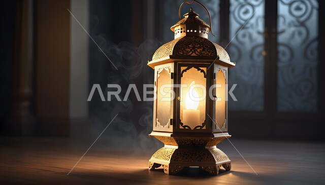 الاستعداد لقدوم شهر الخير، إضاءة وزينة رمضان المبارك، أنوار وديكورات ذهبية في الأجواء الرمضانية الروحانية, فانوس عربي معدني مزخرف مضيئ، مناسبات وأعياد دينية اسلامية, الفن الاسلامي للتحف والاكسسوارات