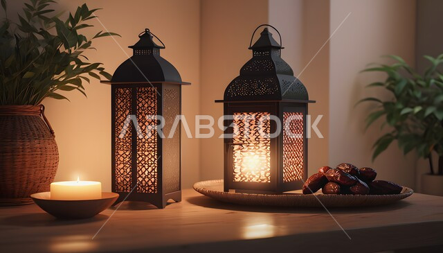 ديكورات وزينة رمضان المبارك, الأجواء الروحانية والاحتفال بالمناسبات والأعياد الدينية الاسلامية، صورة مقربة لفوانيس معدنية تقليدية مضيئة على طاولة خشبية مع طبق من التمر وقت الليل, البهجة بقدوم شهر الخير، تحف واكسسوارت متميزة، ضيافة رمضانية شهية