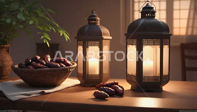 ديكورات وزينة رمضان المبارك, الأجواء الروحانية والاحتفال بالمناسبات والأعياد الدينية الاسلامية، صورة مقربة لفوانيس معدنية تقليدية مضيئة على طاولة خشبية مع طبق من التمر وقت الليل, البهجة بقدوم شهر الخير، تحف واكسسوارت متميزة، ضيافة رمضانية شهية